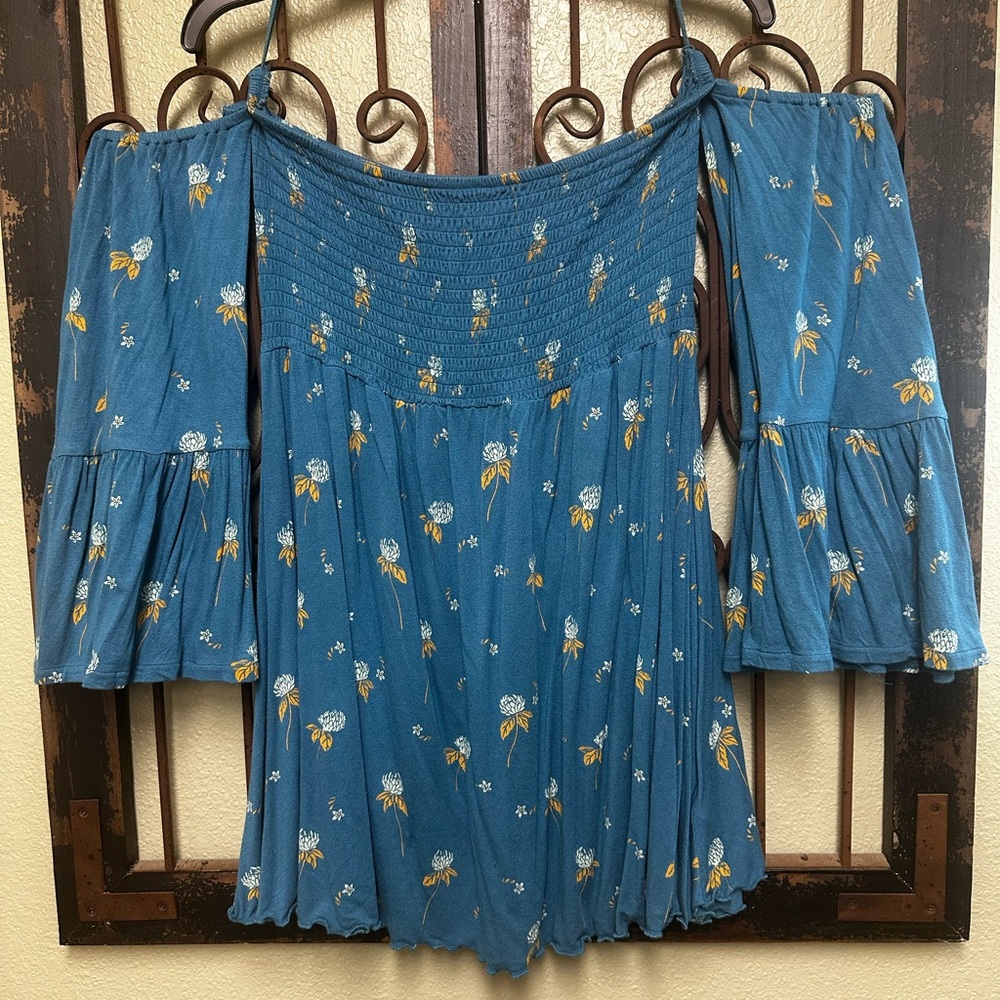 Free People Lana Floral Off-Shoulder Blue Tunic Top - Picture 6 of 9